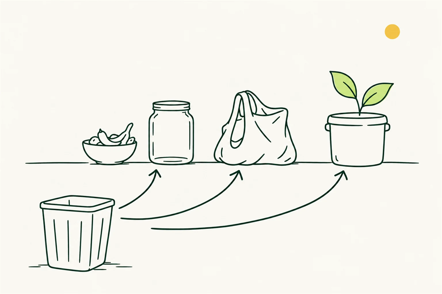 AI-generated illustration of a kitchen table with a compost caddy, reusable containers, a repair box and an open notebook