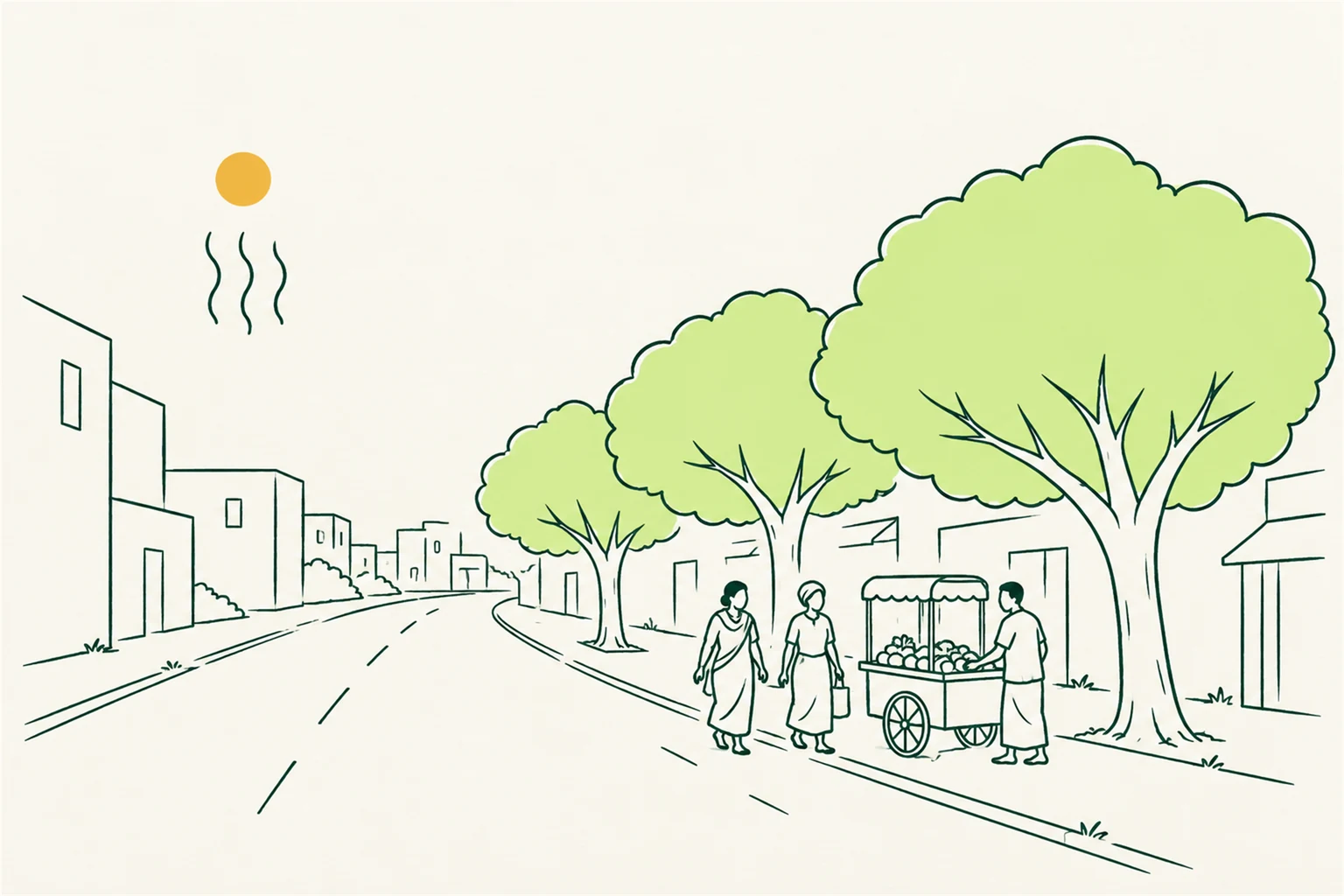 AI-generated illustration of people walking and working beside a sunlit South Asian street and a shaded tree-lined pavement