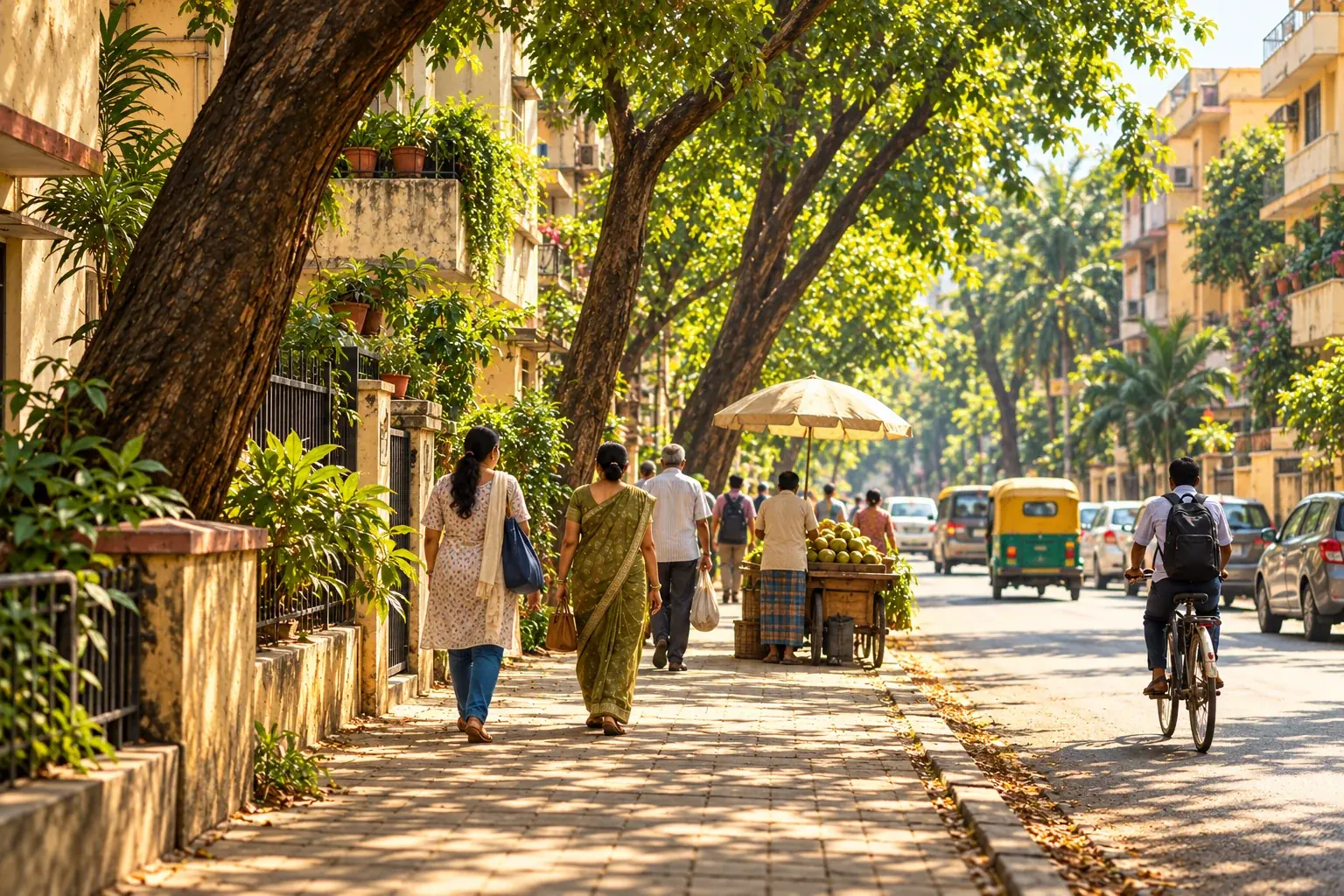 AI-generated illustration of people walking and working beside a sunlit South Asian street and a shaded tree-lined pavement