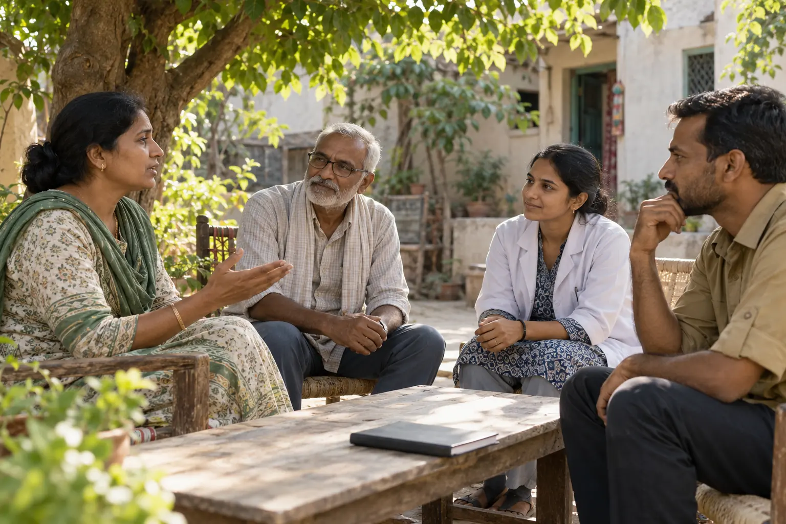 AI-generated illustration of adults from different fields listening to a speaker in a tree-shaded courtyard