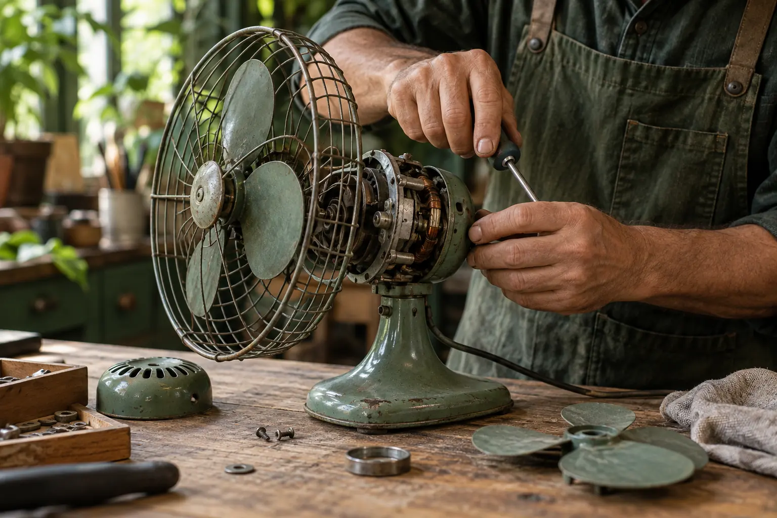 AI-generated illustration of an artisan repairing a disconnected household fan at a wooden workbench