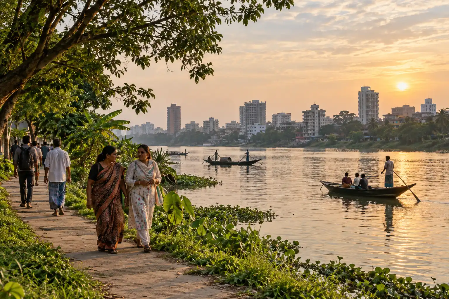 AI-generated illustration of people and small boats beside an urban South Asian riverbank