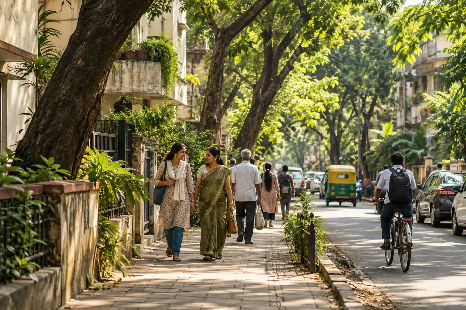 AI-generated illustration of people walking and cycling along a shaded South Asian neighborhood street