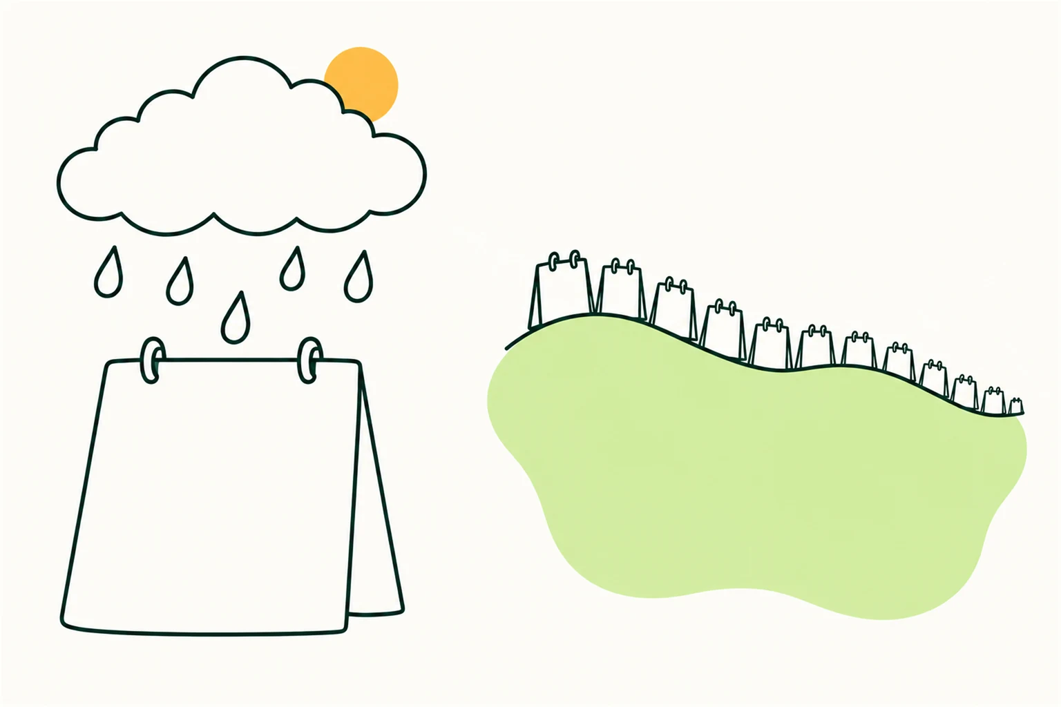 AI-generated illustration of a rainy market transitioning into a landscape across different seasons
