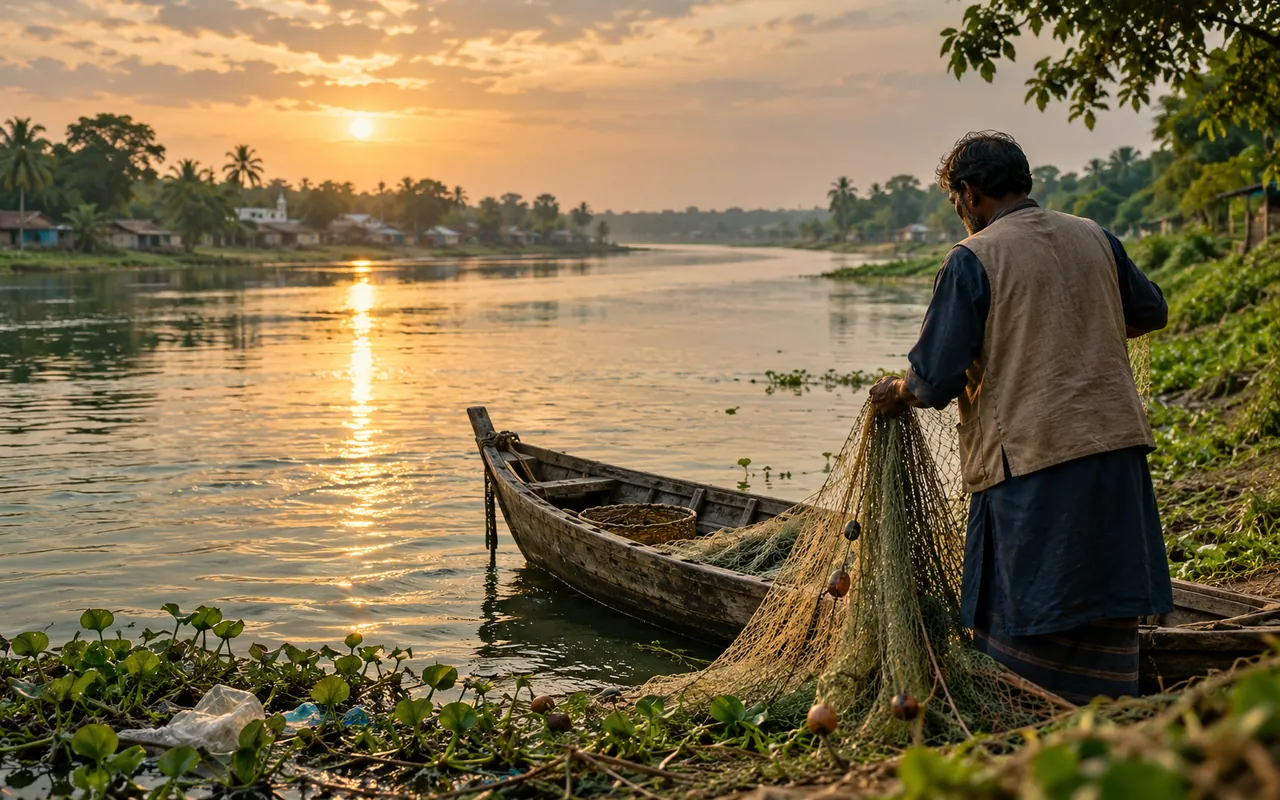 AI-generated illustration of a fisherman gathering his net beside a river and wooden boat