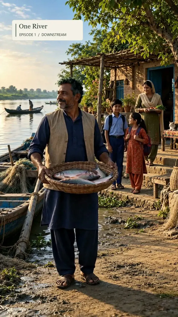Fisherman holding his catch beside his family in the fictional One River film