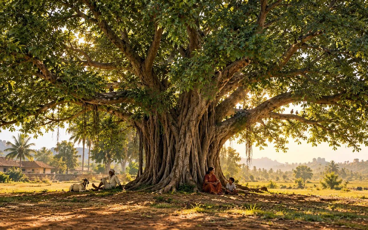 AI-generated illustration of people and a goat resting in the shade of a mature tree