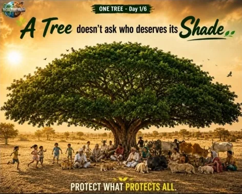 Original One Tree shared-shade campaign artwork showing people and animals beneath a tree