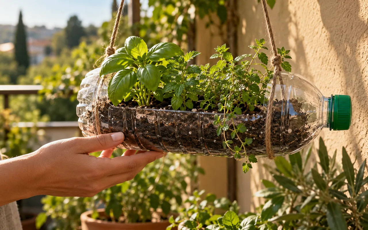 AI-generated illustration of a used plastic bottle repurposed as a hanging planter