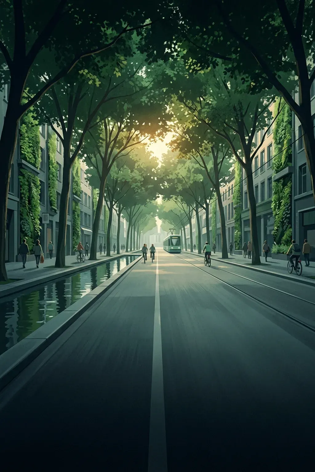 Illustration of a tree-shaded city street with pedestrians, bicycles and a tram
