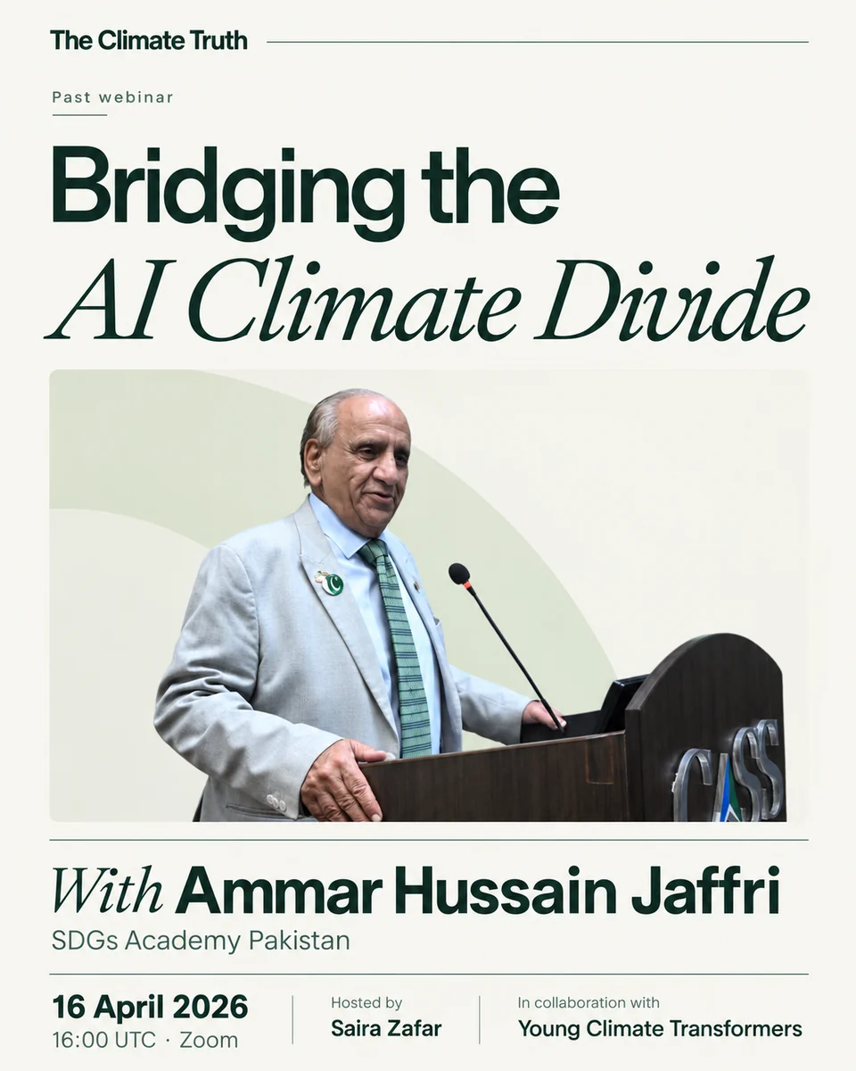 Redesigned archive poster for Bridging the AI Climate Divide with Ammar Hussain Jaffri, 16 April 2026